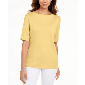 Karen Scott Women's Medium 100% Cotton Yellow Boat-Neck Top / T-Shirt NWT